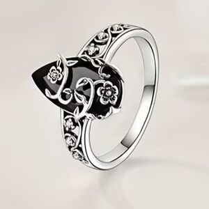 Black Moissanite  Silvery Ring Stainless steel Flower Ornaments for Women